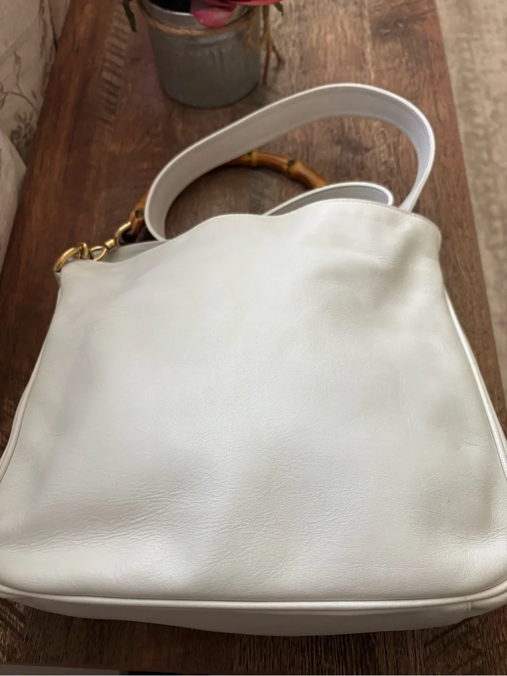 Gucci White Leather Bamboo-Handle Bag